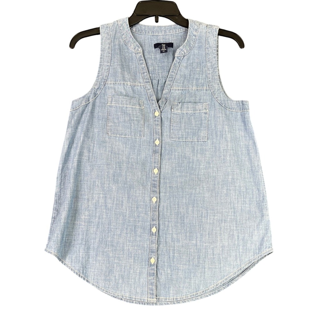 Gap Chambray Sleeveless Button Down Denim Shirt Pocket Tank Women XS‎